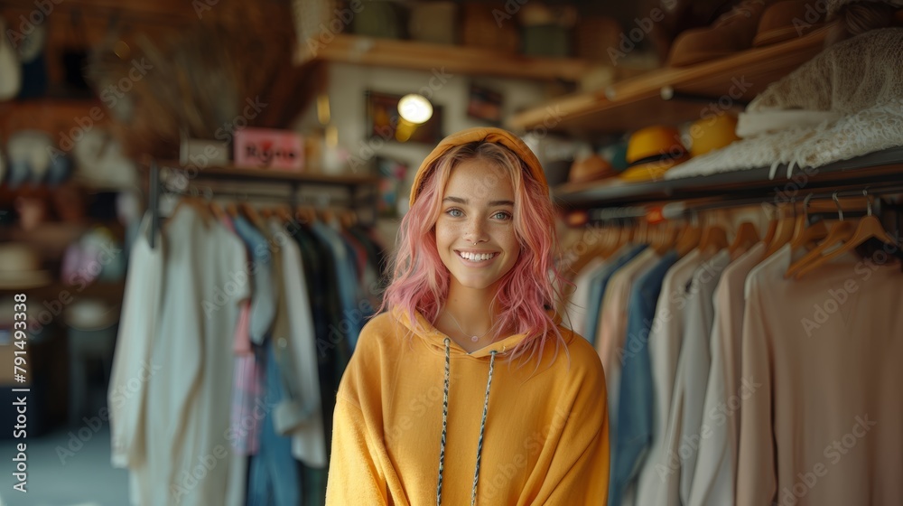 Radiant young woman with vibrant pink hair enjoys a delightful shopping day in a charming, well-stocked boutique.