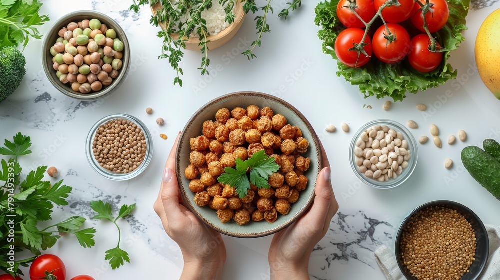 A well-composed image showcasing a woman’s hands holding a bowl of roasted chickpeas, surrounded by fresh vegetables and legumes.