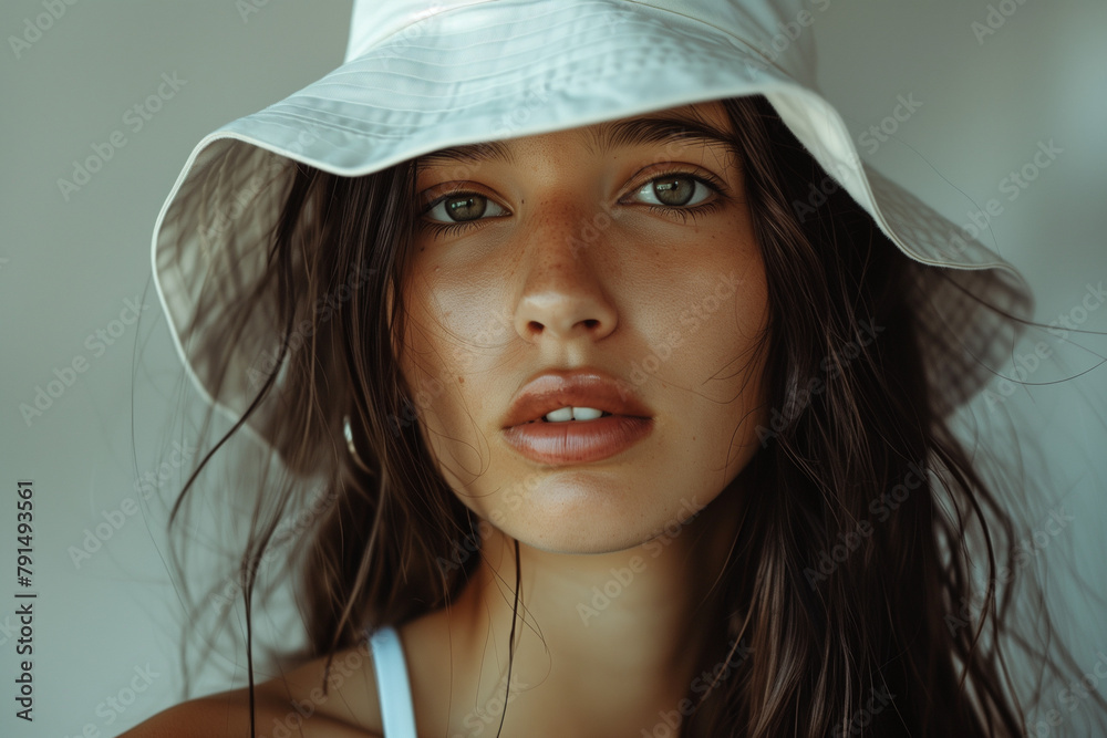 Portrait of a female model wearing a white bucket hat or sun hat. She has long dark brunette hair and is looking directly out from the frame Portrait of a female model wearing a white bucket hat or sun hat. She has long dark brunette hair and is looking directly out from the frame