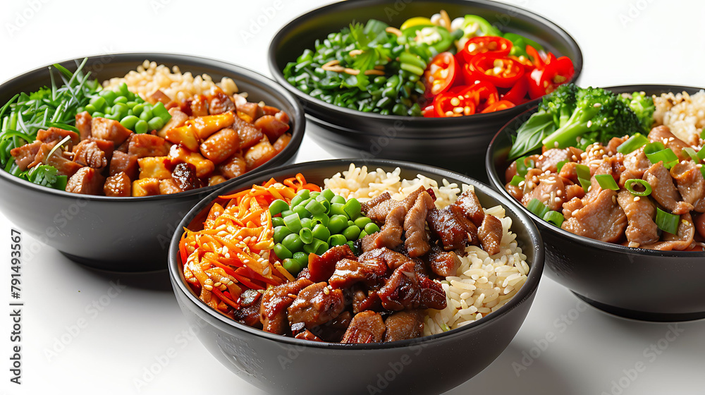 Set of bowls with tasty Chinese food on white background, hyperrealistic food photography