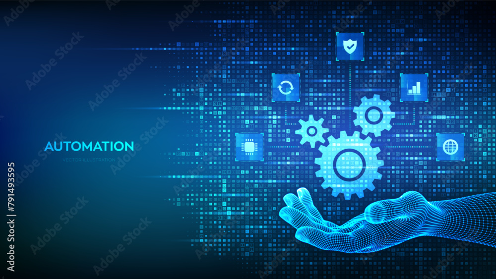 Automation Software. Gears icon made with binary code in hand. IOT and Automation icons connections. Digital binary data and streaming digital code. Background with digits 1.0. Vector Illustration.