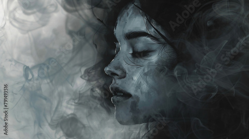 Female face dissipating in grey smoke. Portrait. Illustration