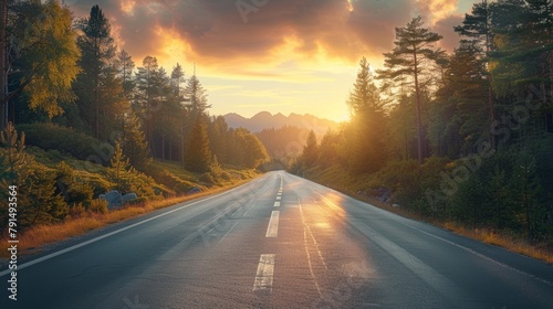 Judul: Sunset drive through a serene forest road leading to distant mountains