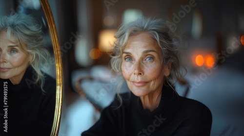 Graceful middle-aged woman with silver hair gazing intently at her reflection in a mirror, surrounded by soft, warm lighting in a cozy indoor setting.