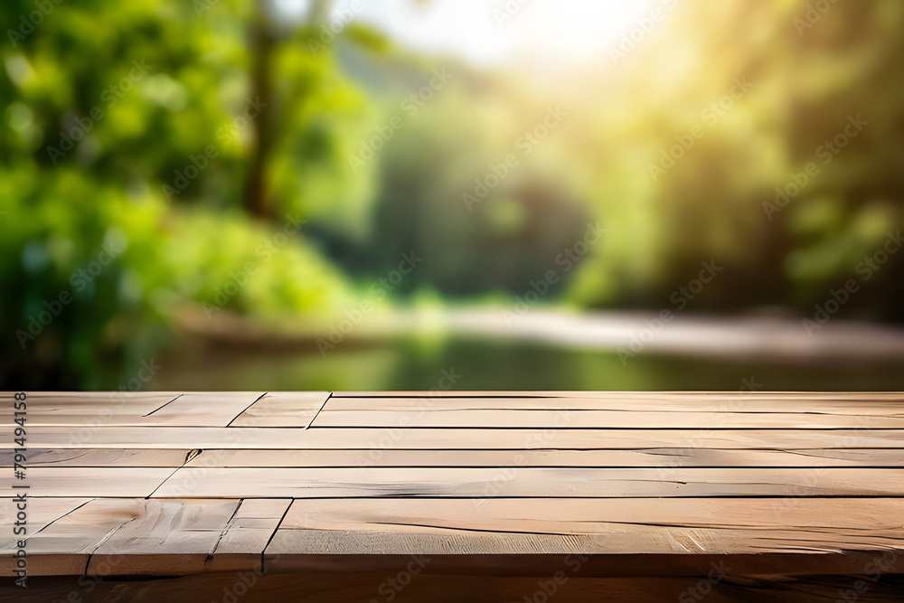 empty wooden surface for display or product showcase with blurry nature scene background empty wooden surface for display or product showcase with blurry nature scene background