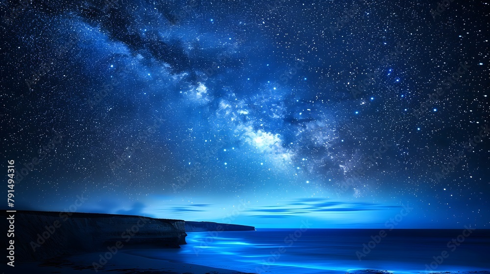 Fototapeta premium Ocean a starry magic star trail, a bright Galaxy, like is being used on graphics for presenting