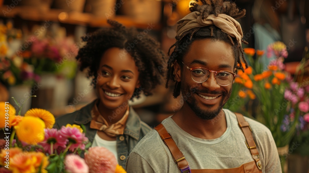 A joyful black male florist with glasses smiles warmly at the camera as a female colleague, blurred in the background, tends to vibrant flowers in a quaint shop.