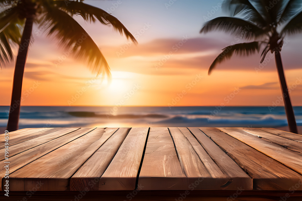 empty wooden table for display or product showcase with blurry beach background scene empty wooden table for display or product showcase with blurry beach background scene