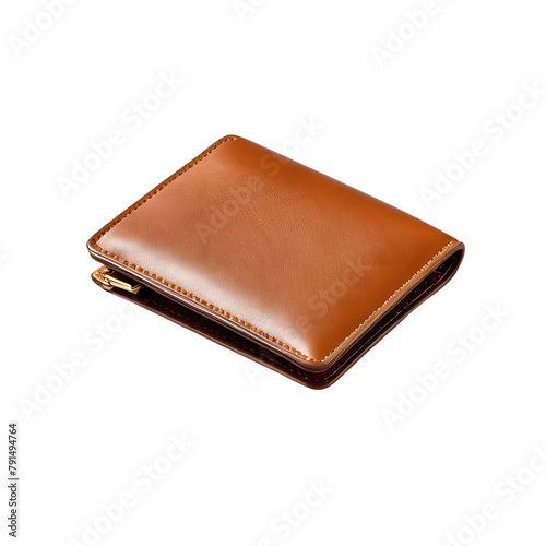 Brown leather men's wallet with gold decoration. Top view