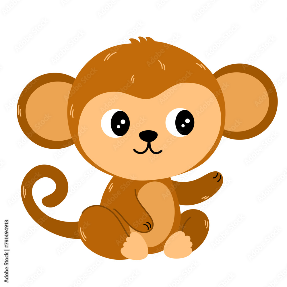 Cute cartoon monkey. Childish vector illustration flat style. Sitting monkey. For poster, greeting card, baby design. Cute cartoon monkey. Childish vector illustration flat style. Sitting monkey. For poster, greeting card, baby design.