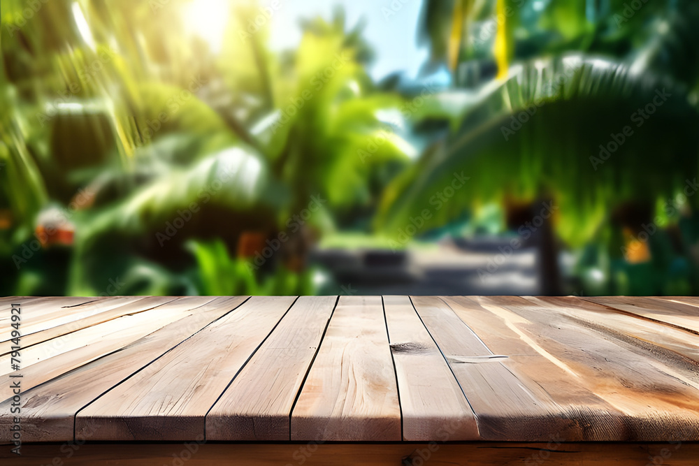 empty wooden table for display or product showcase with blurry summer background scene empty wooden table for display or product showcase with blurry summer background scene