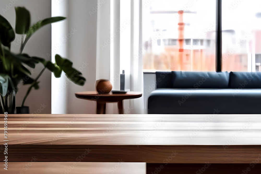 Fototapeta premium wooden table with blurred modern apartment interior