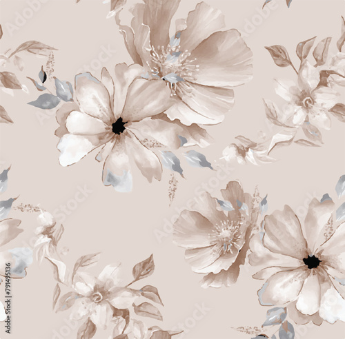 Big flowers pattern, upscale floral pattern. graphical textures floral, trendy colors pattern , flowers background with leaves. vector illustration