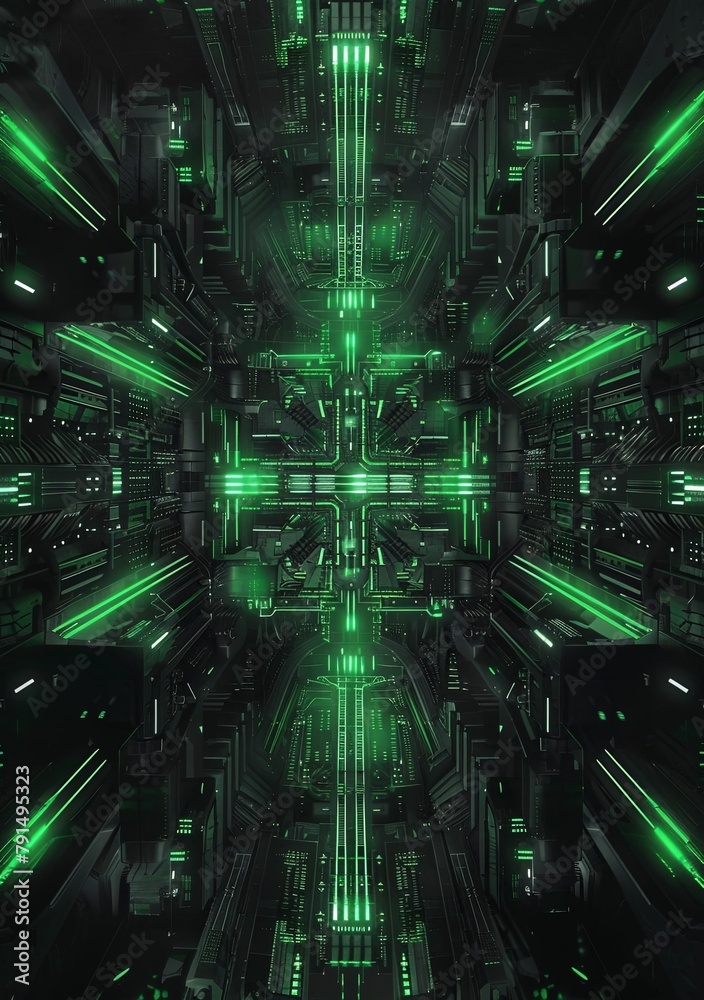 Fototapeta premium abstract digital background, cyberpunk style, green neon lights, geometric shapes, dark black and white color scheme