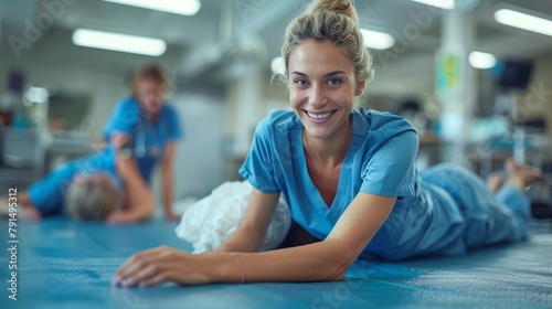 Youthful, cheerful female physiotherapist in blue scrubs assists elderly patients during a rehabilitation session in a well-equipped medical facility.
