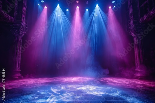 An empty stage lit with vibrant purple and blue stage lights, creating a dramatic and theatrical atmosphere in an indoor setting photo