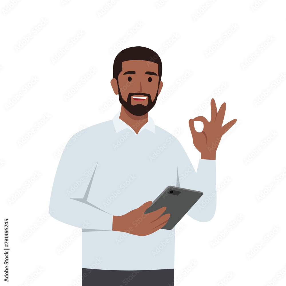 Young man Approved gesture, Ok sign with Smiling holding tablet. Flat vector illustration isolated on white background Young man Approved gesture, Ok sign with Smiling holding tablet. Flat vector illustration isolated on white background