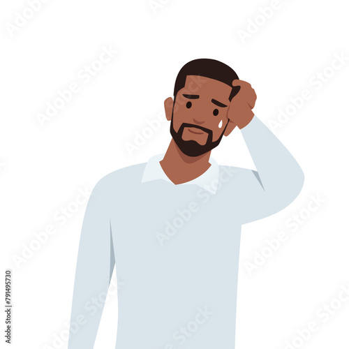 Young black man Disappointed man with facepalm gesture, feeling shame. Person with hand at forehead regret fail. Flat vector illustration isolated on white background