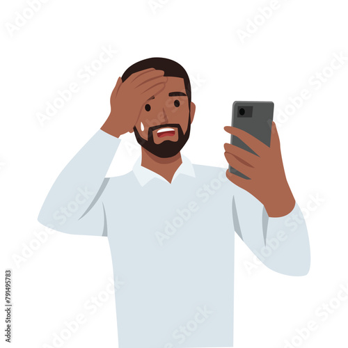 Young man texting using smart phone, stressed with hand on head, shocked, surprise face. Flat vector illustration isolated on white background
