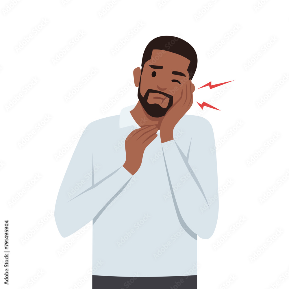 Young black man Toothache. Caries. Severe pain in the teeth. Flat vector illustration isolated on white background Young black man Toothache. Caries. Severe pain in the teeth. Flat vector illustration isolated on white background