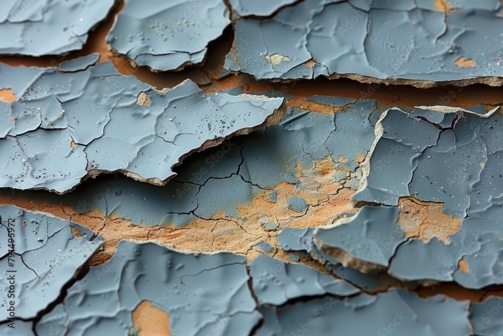 Close-up of vibrant blue paint flakes on weathered rusty metal surface with texture and patterns