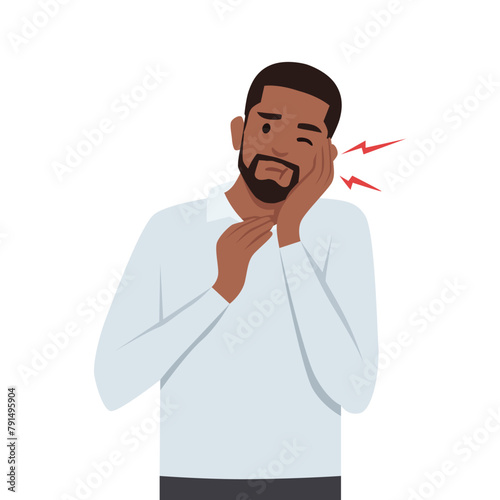 Young black man Toothache. Caries. Severe pain in the teeth. Flat vector illustration isolated on white background