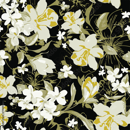 Big flowers pattern, upscale floral pattern. graphical textures floral, trendy colors pattern , flowers background with leaves. vector illustration.