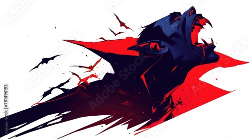 2d illustration design featuring the silhouette of a vampire s head with sharp fangs against a white background photo