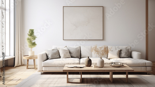 Scandinavian charm meets modern minimalism in this inviting living room, featuring a cozy sofa, sleek coffee table, and an empty wall space perfect for showcasing personalized decor or artwork.