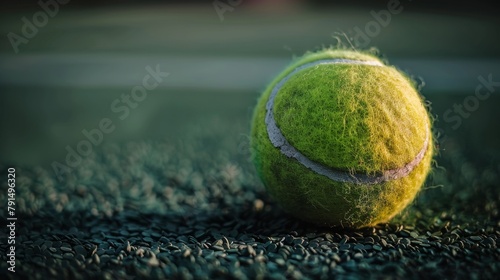 Close-up of a tennis ball on a textured court surface at dusk