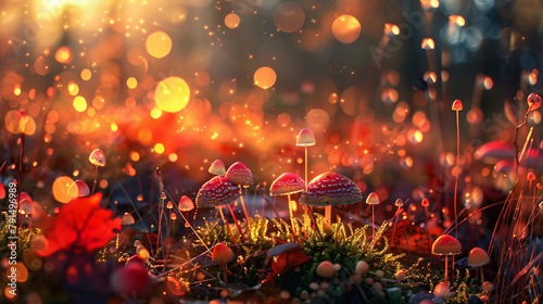 Fly agarics glow in the soft evening light. Panoramic photo