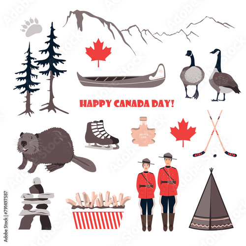 Canadian symbols such as beaver, goose, canoe, teepee, hockey, royal police, maple leaves and mountains. Happy National Day of Canada. Vector background.