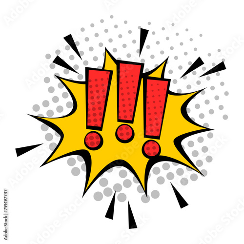 Three exclamation points comics style. Vintage attention message. Retro dangerous poster.
