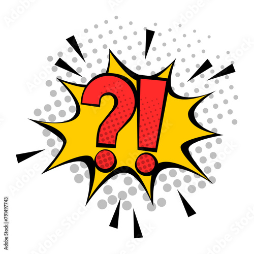 Question mark and exclamation point comics style. Vintage attention message. Retro dangerous poster.