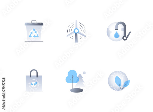 Eco-friendly attitude - flat design style icons set. High quality colorful images of waste recycling, biodegradable bag, windmill energy, faucet, save water and forests. Planet is our home idea