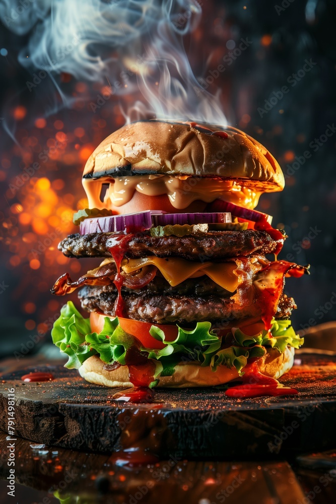 Juicy double cheeseburger with smoke on a warm bokeh background