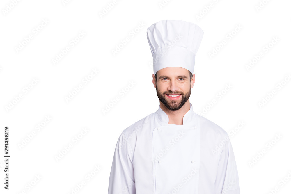 Portrait of cheerful joyful chef cook with stubble in beret and white outfit looking at camera isolated on grey background Portrait of cheerful joyful chef cook with stubble in beret and white outfit looking at camera isolated on grey background