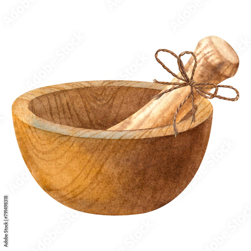 Wooden mortar and pestle with tied bow for beauty products, cosmetology. Hand drawn watercolor illustration of kitchen utensil isolated on background. For for alternative medicine, natural cosmetic. photo