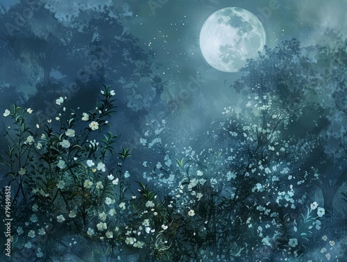 A moonlit garden glowed with nightblooming jasmine, its fragrance a lullaby for the stars, light watercolor style photo