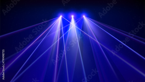 Laser light show. Bright led laser beams, dj light party. Illuminated blue stage, led strobe lights. Background, backdrop for displaying products. Vector illustration