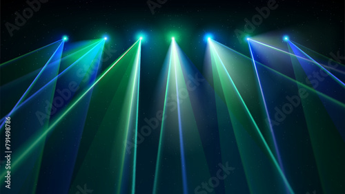 Laser light show. Bright led laser beams, dj light party. Illuminated blue green stage, led strobe lights. Background, backdrop for displaying products. Vector illustration