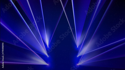 Laser light show. Bright led laser beams, dj light party. Illuminated blue stage, led strobe lights. Stage lighting effect. Background, backdrop for displaying products. Vector illustration