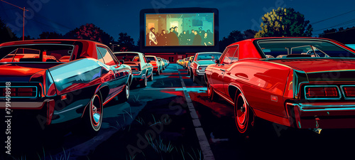 illustration d'un drive-in Américain avec des voitures alignées en face d'un écran de cinéma en extérieur