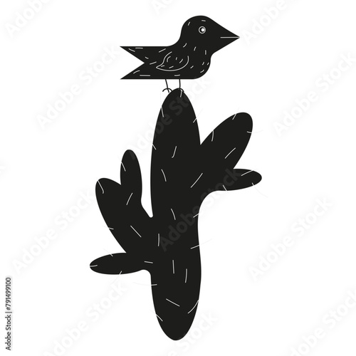 Mexican concept with Woodcut bird on the Cactus isolated transparent background. Simple black raven in trend Brazilian Cordel style. Brutal vector can used card cover design, t-shirt print, banner 