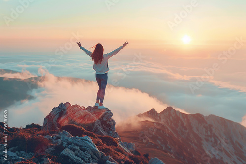 A woman is standing on a mountain top, looking up at the sun