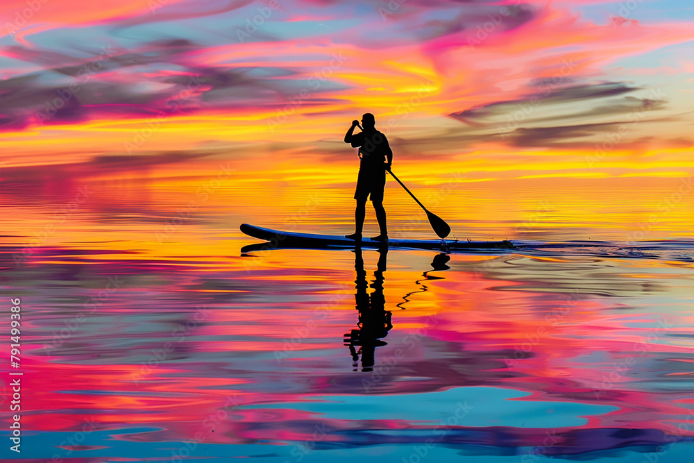 A man is paddling a surfboard on a calm lake at sunset