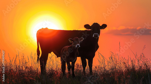 Two cows standing in a field with the sun setting behind them