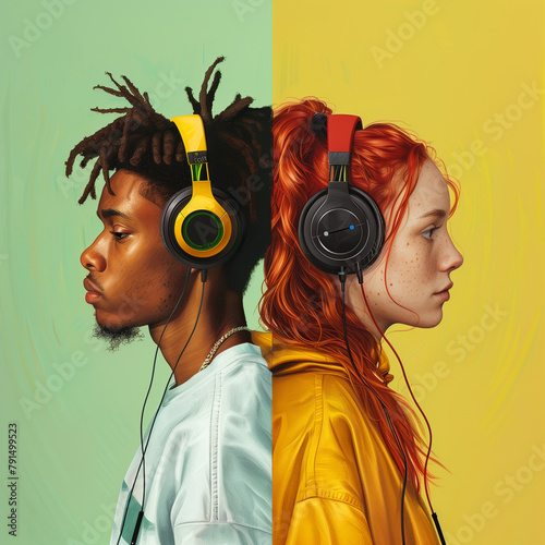 Ragazzo e ragazza che ascolta musica in cuffia, streaming, piattaforme musicali photo