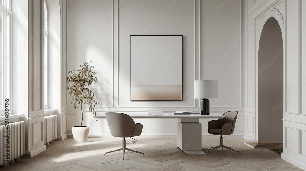 Modern office setting with sleek design elements and a pristine white frame, offering a space for creativity. Modern office setting with sleek design elements and a pristine white frame, offering a space for creativity.