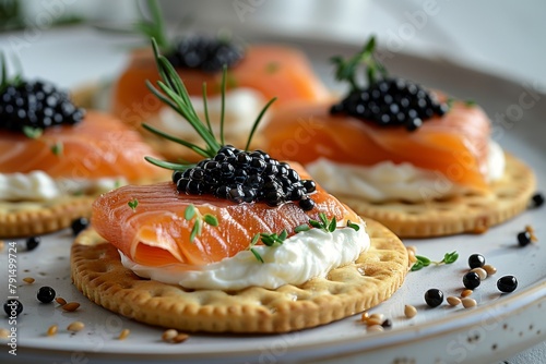 A close-up of elegantly presented smoked salmon canapés topped with caviar on a white plate photo